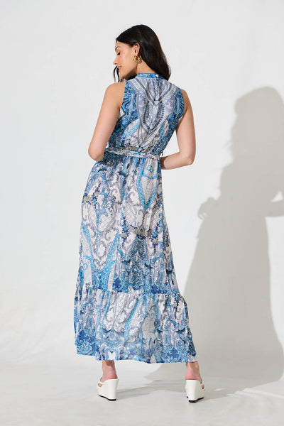 Codami Maxi Dress in Multi Blue with Gemstones
