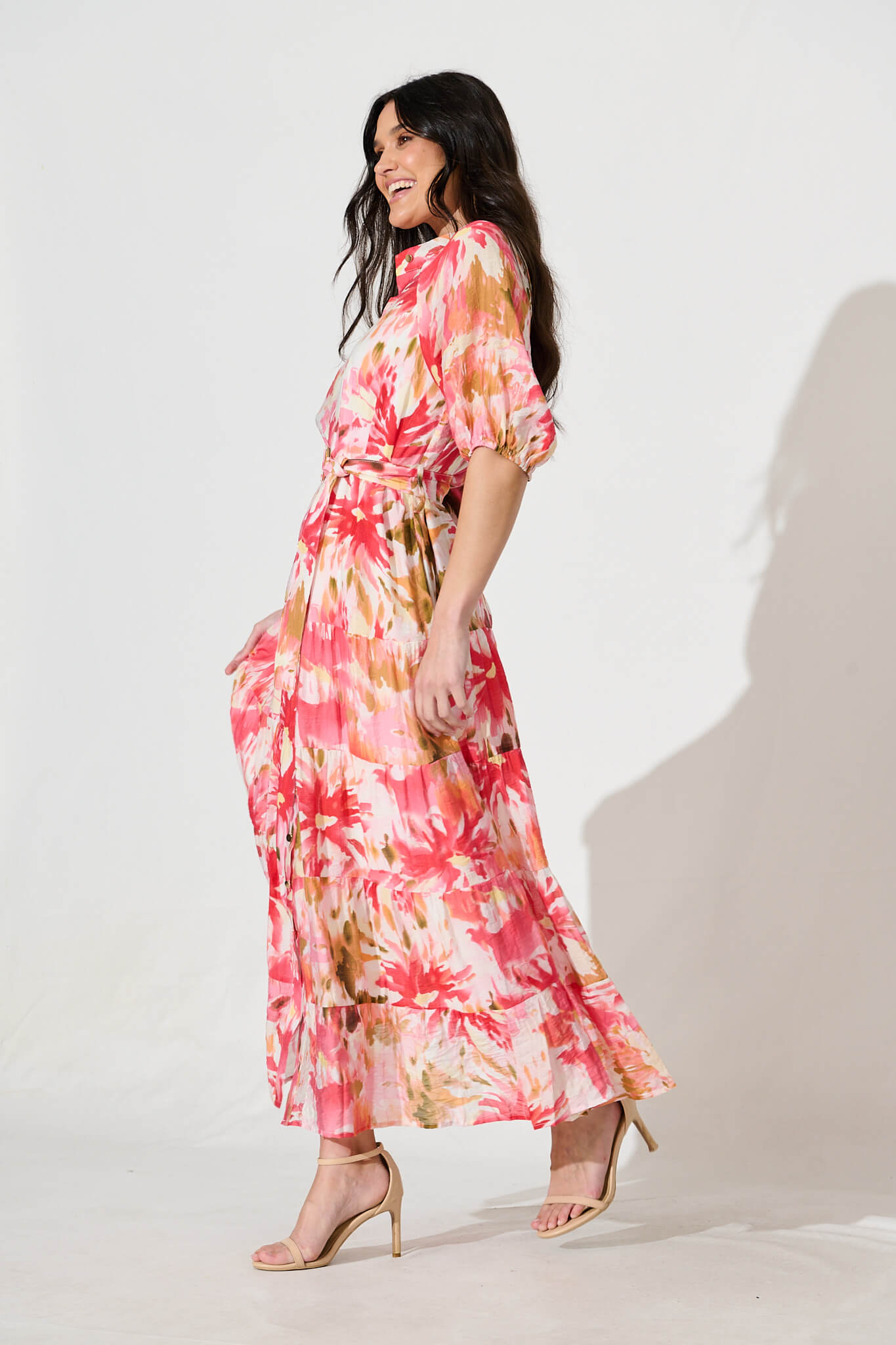 Buon Giorno Maxi Shirt Dress in Red with Multi Floral Print
