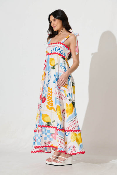 Somerset Maxi Sundress In White Lemon Print Ric Rac Trim