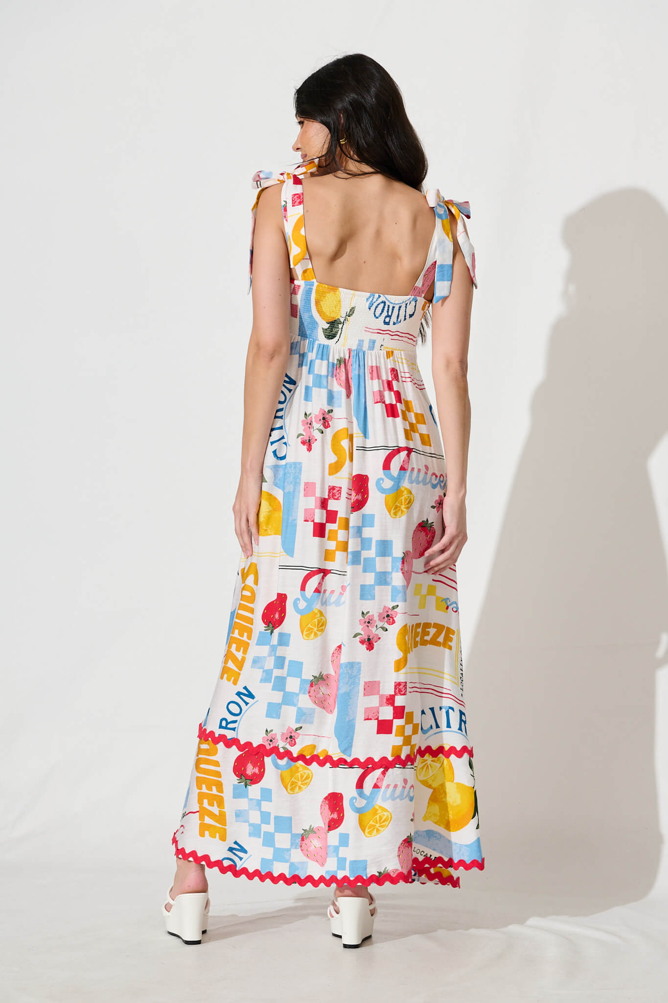Somerset Maxi Sundress In White Lemon Print Ric Rac Trim