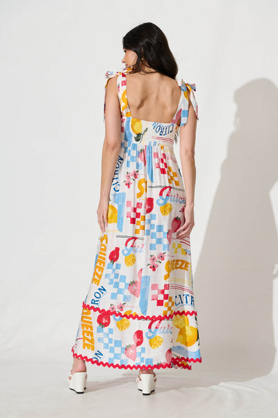 Somerset Maxi Sundress In White Lemon Print Ric Rac Trim