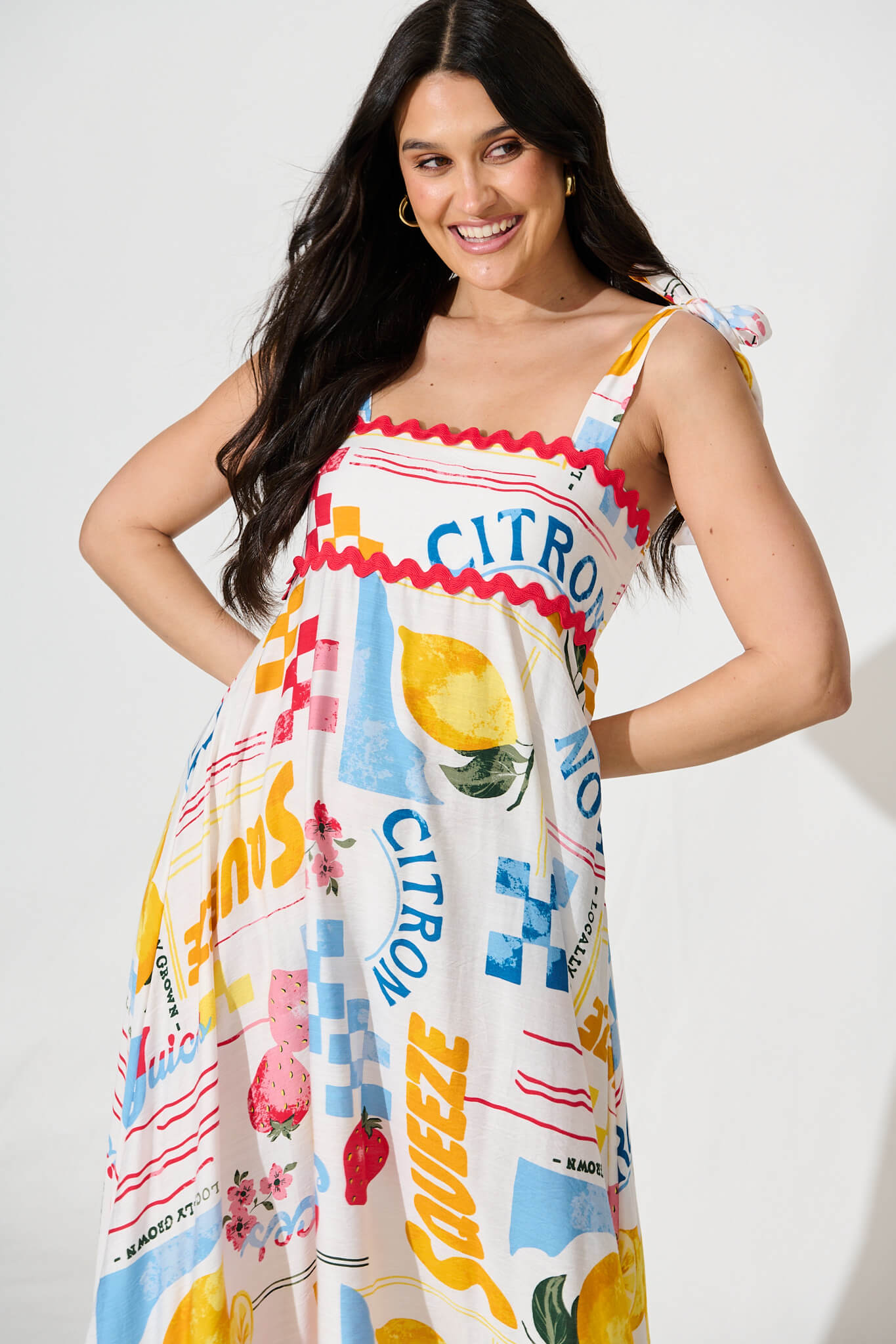 Somerset Maxi Sundress In White Lemon Print Ric Rac Trim