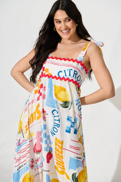 Somerset Maxi Sundress In White Lemon Print Ric Rac Trim