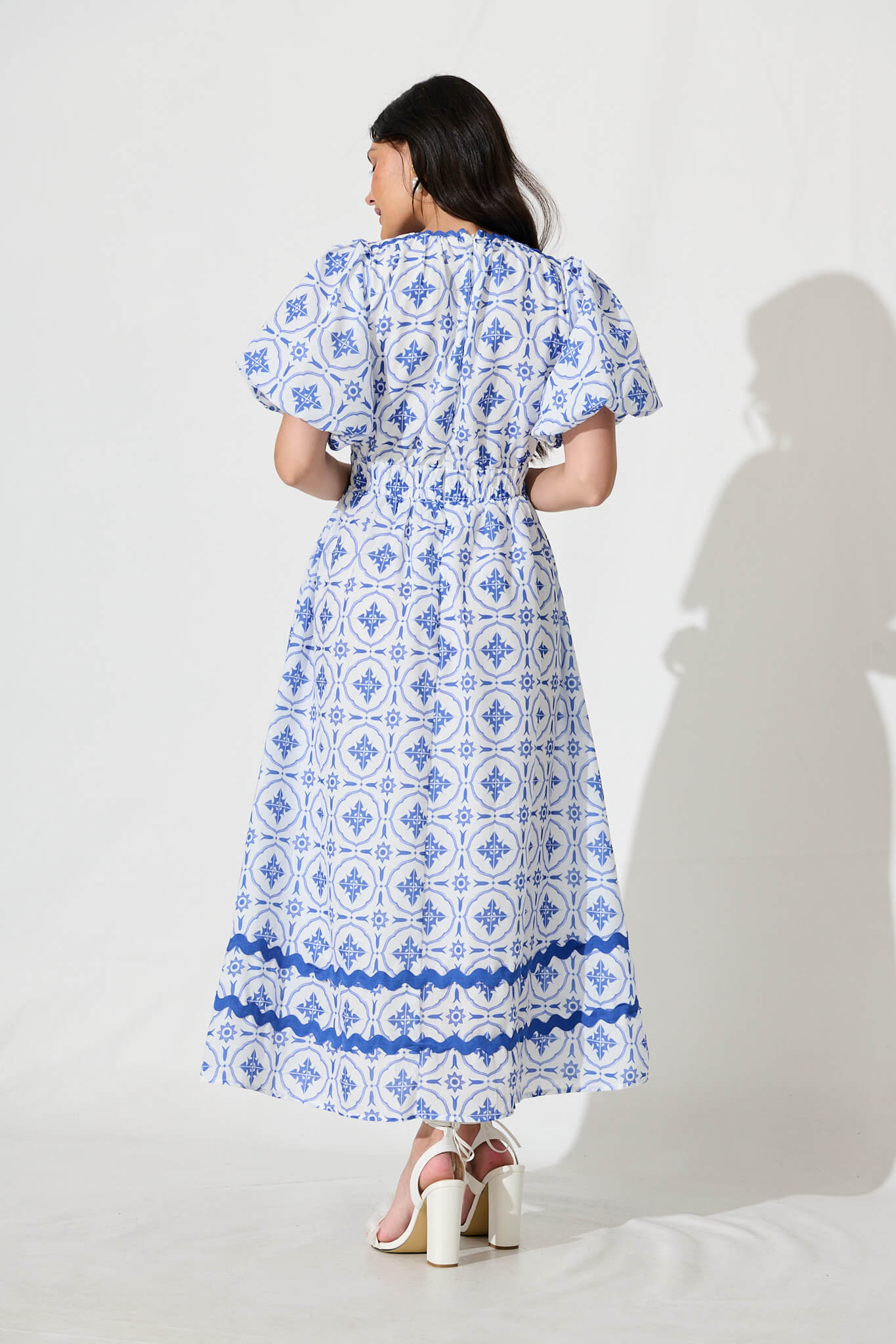 Indi Maxi Dress in White with Blue Tile Linen Blend