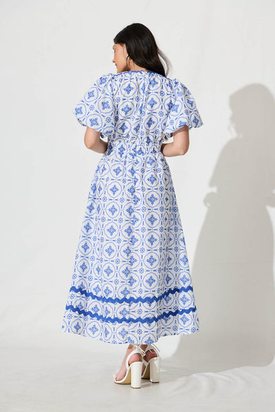 Indi Maxi Dress in White with Blue Tile Linen Blend