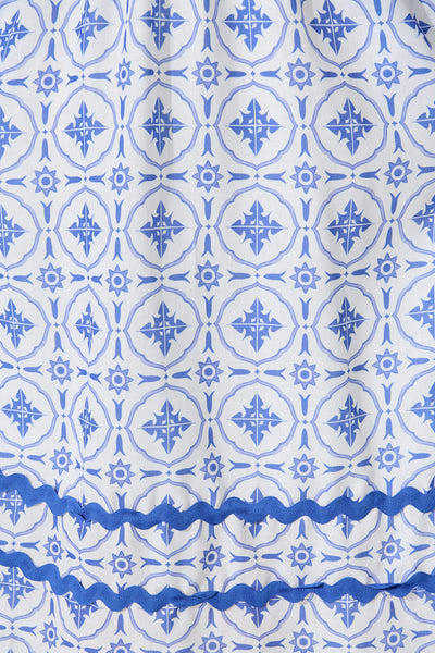 Indi Maxi Dress in White with Blue Tile Linen Blend