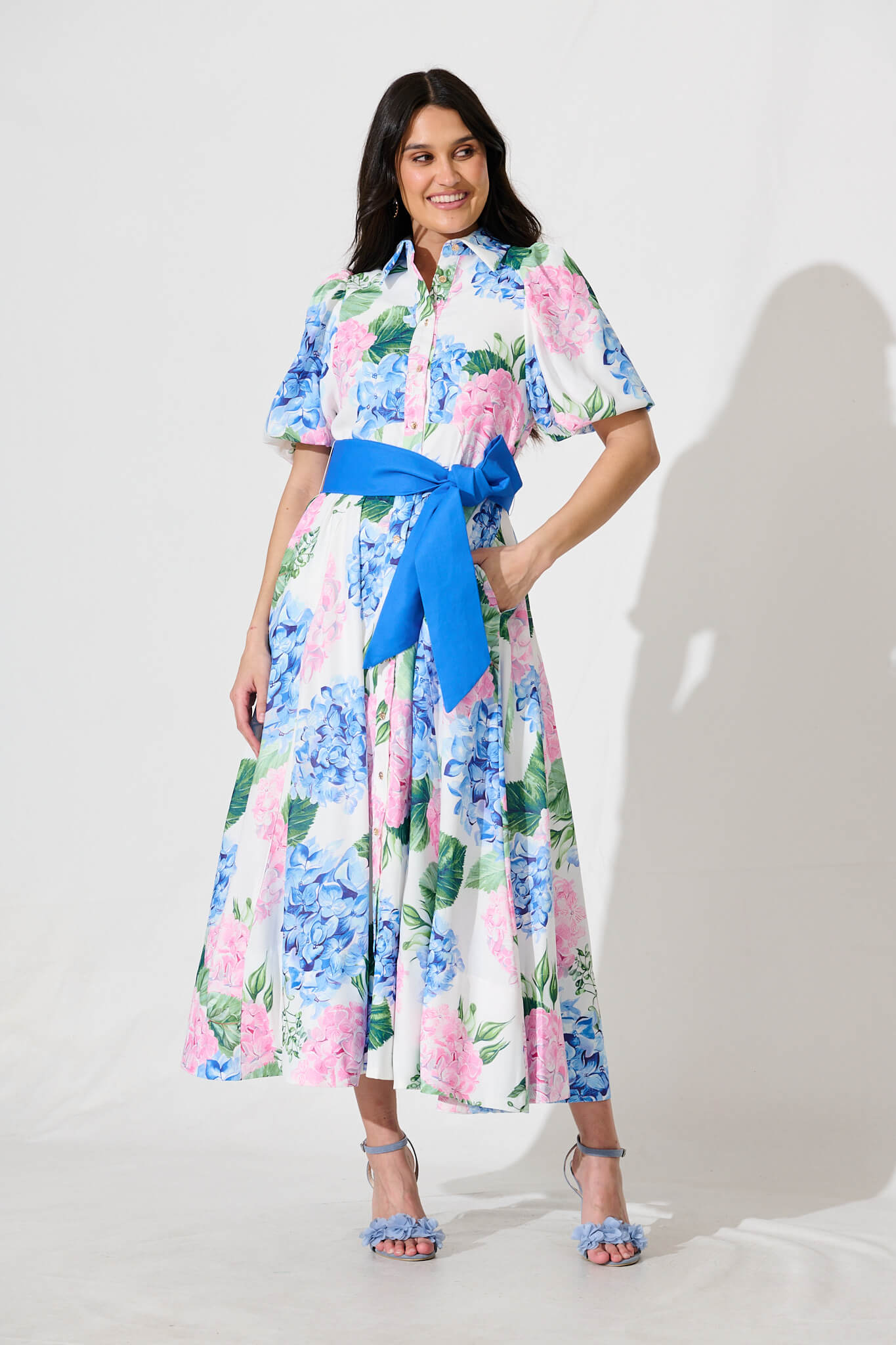 Marella Maxi Shirt Dress In Blue and Pink Floral Linen Blend