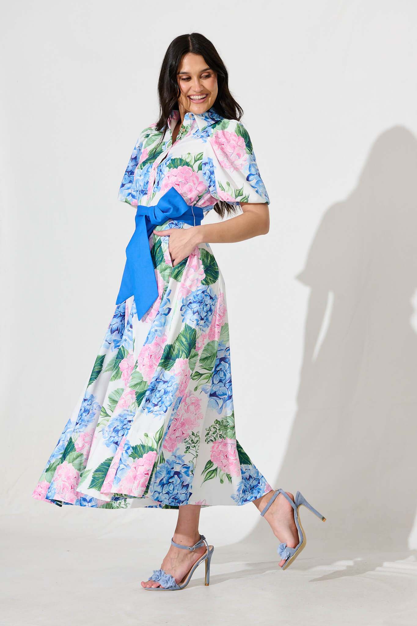 Marella Maxi Shirt Dress In Blue and Pink Floral Linen Blend