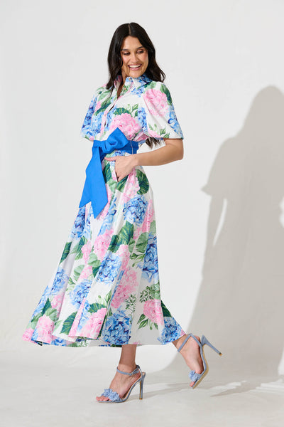Marella Maxi Shirt Dress In Blue and Pink Floral Linen Blend