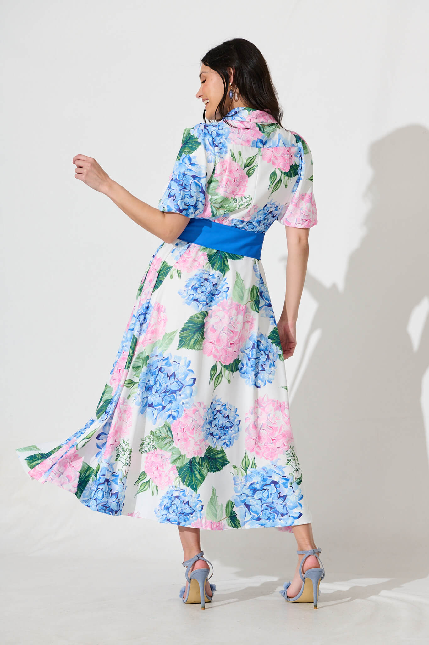 Marella Maxi Shirt Dress In Blue and Pink Floral Linen Blend