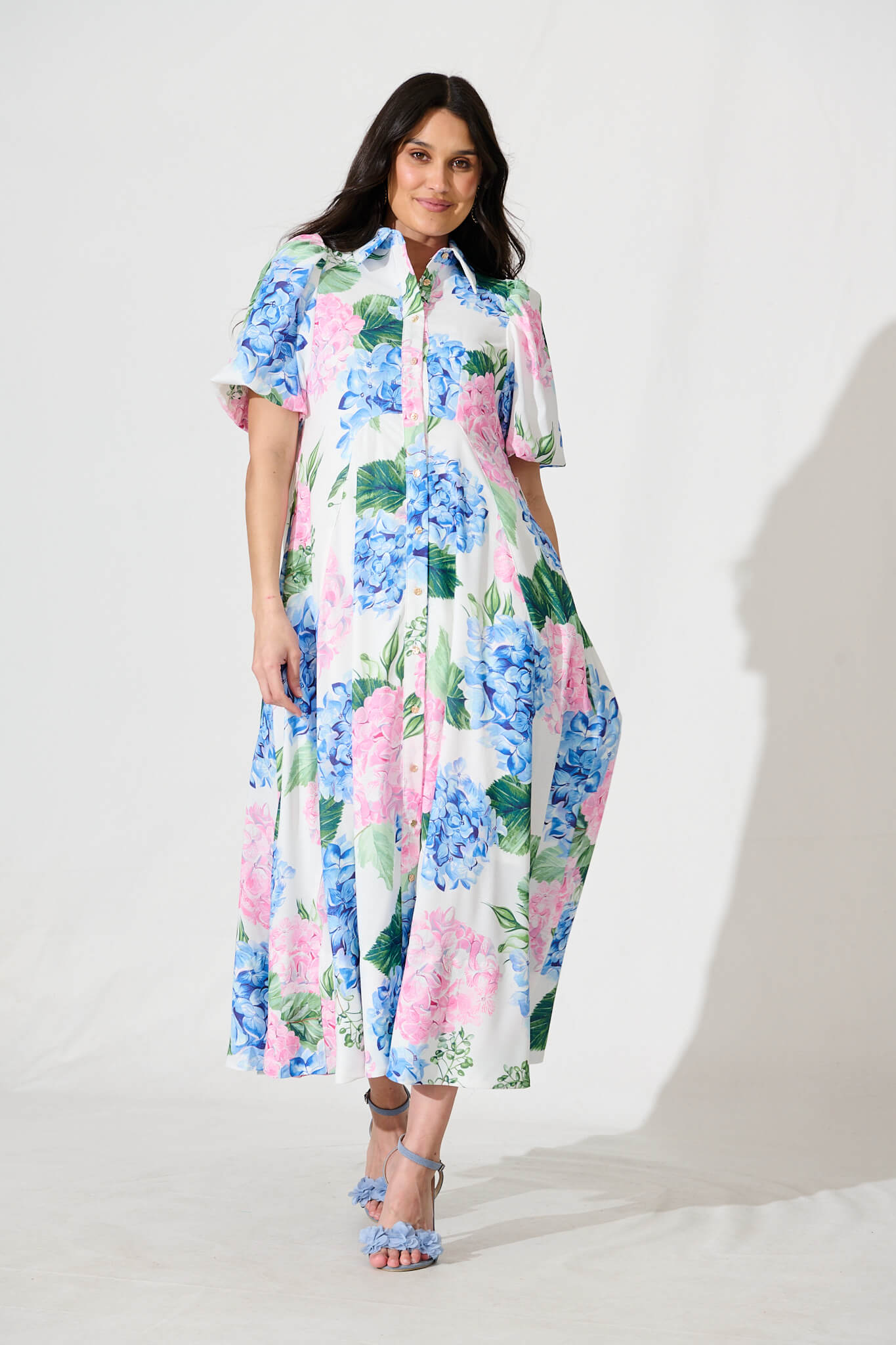 Marella Maxi Shirt Dress In Blue and Pink Floral Linen Blend