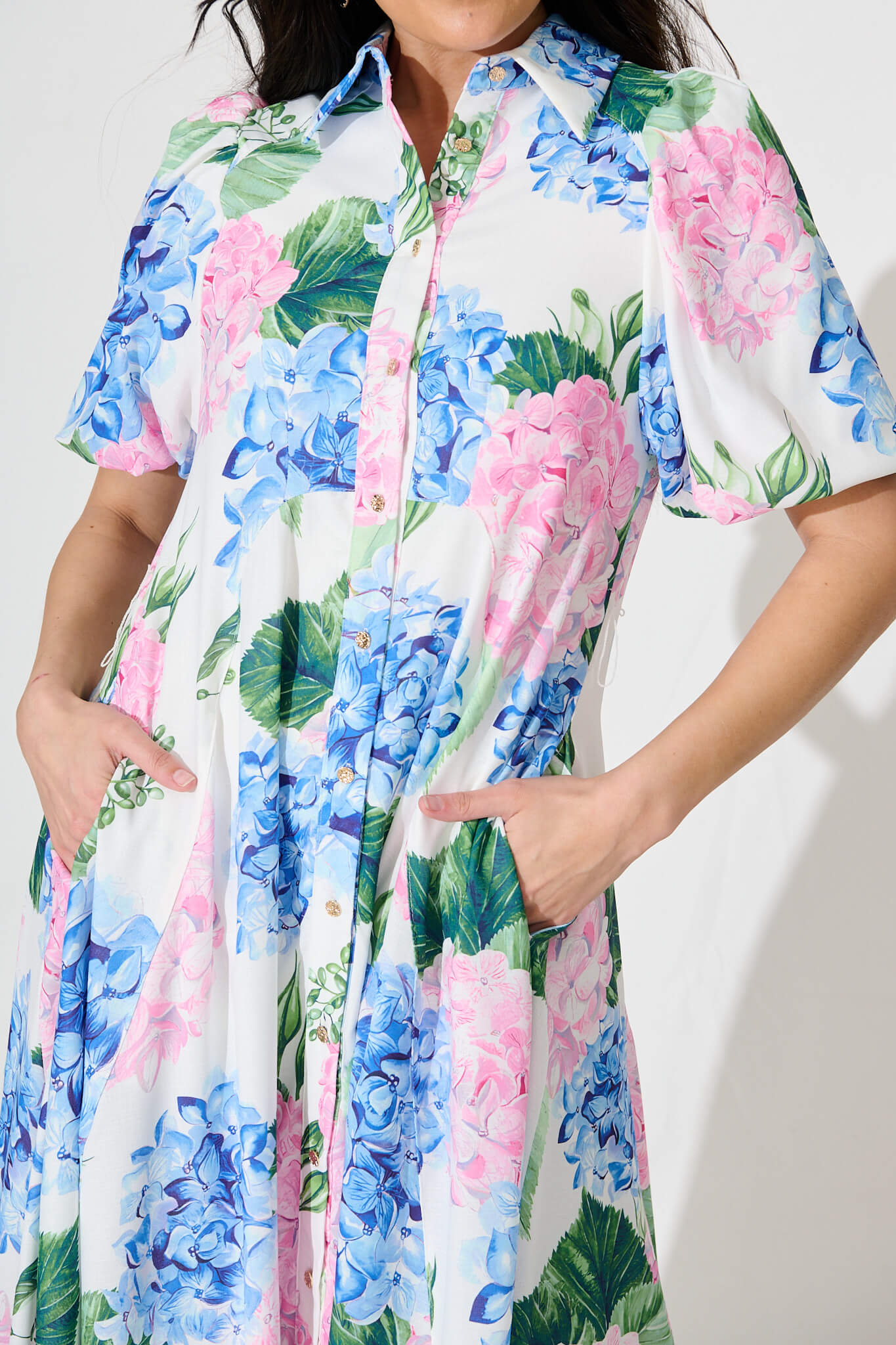 Marella Maxi Shirt Dress In Blue and Pink Floral Linen Blend