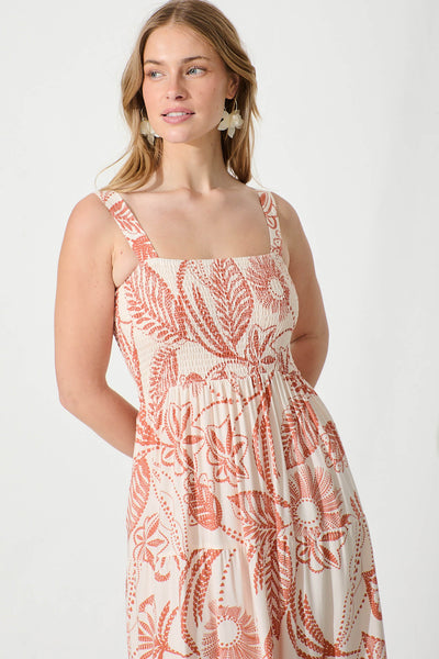 Panola Maxi Sundress in Cream with Rust Print