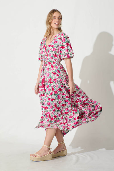 Aleah Maxi Dress in White with Pink and Green Floral