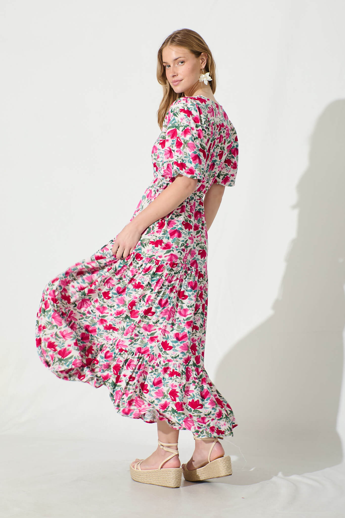 Aleah Maxi Dress in White with Pink and Green Floral