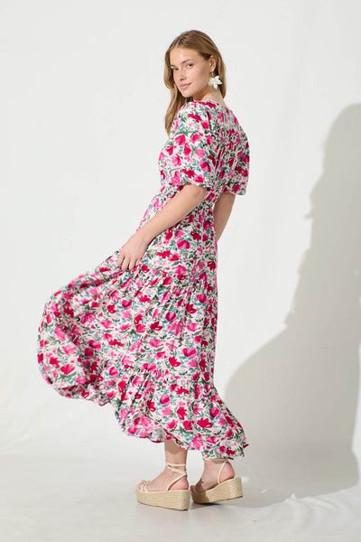 Aleah Maxi Dress in White with Pink and Green Floral