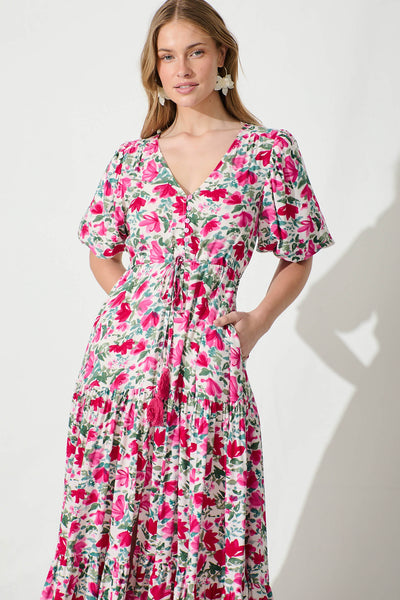 Aleah Maxi Dress in White with Pink and Green Floral