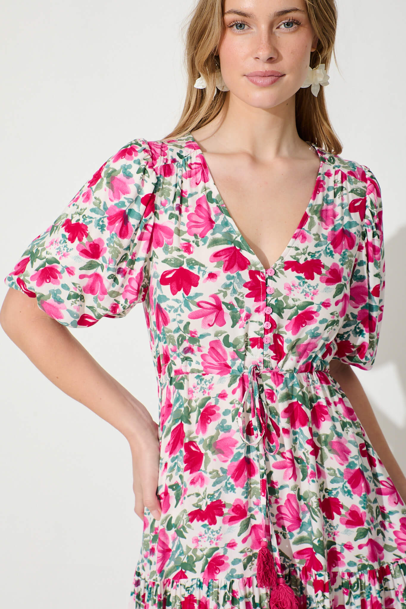 Aleah Maxi Dress in White with Pink and Green Floral