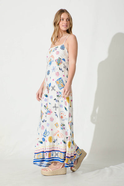 Mabrey Maxi Sundress in White with Multi Print