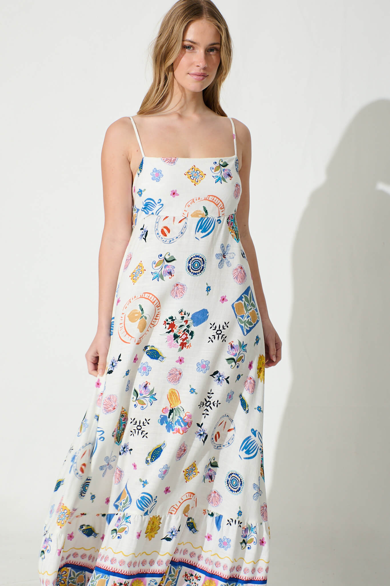 Mabrey Maxi Sundress in White with Multi Print