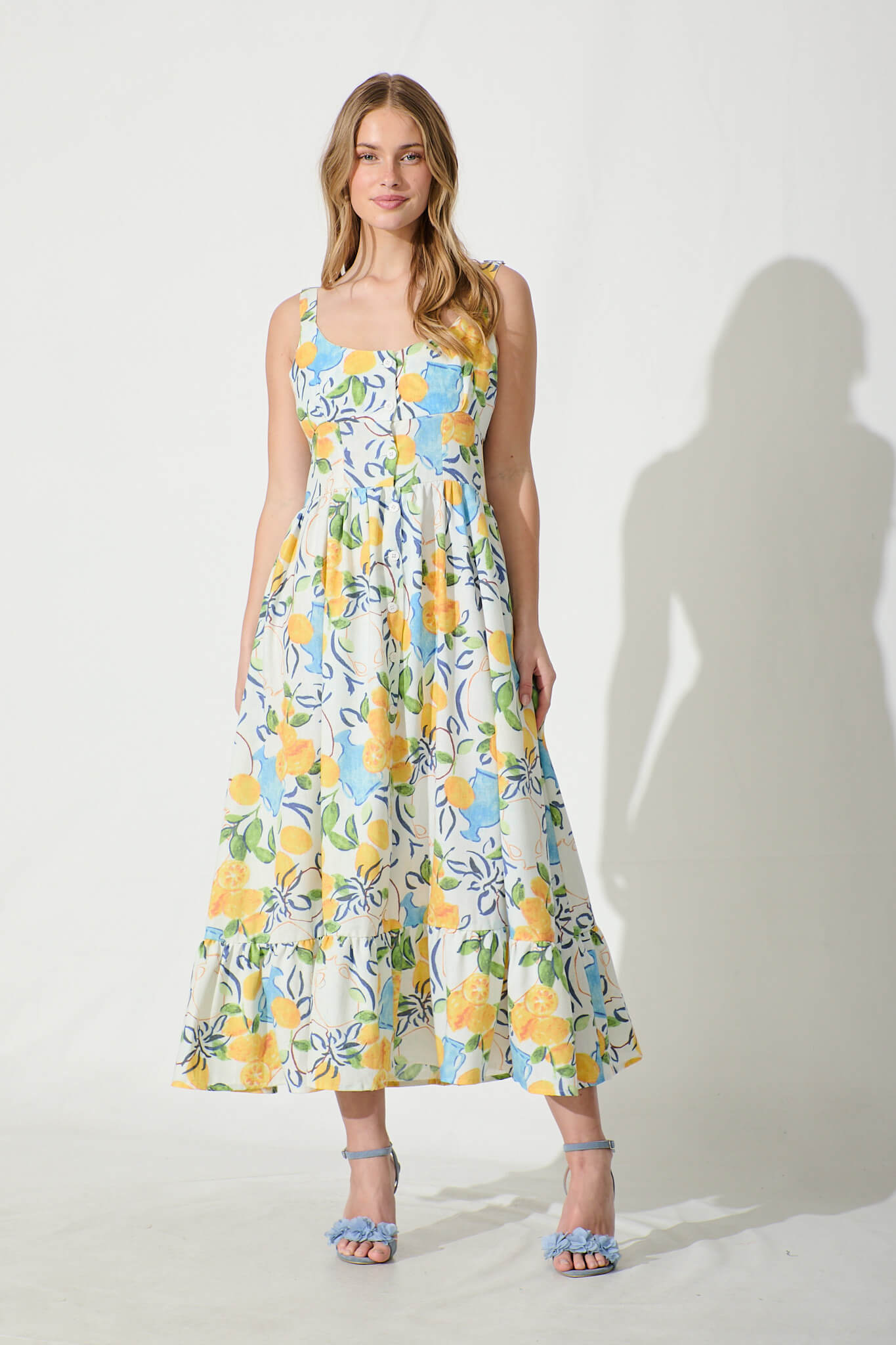 California Love Maxi Sundress In White With Lemon Print