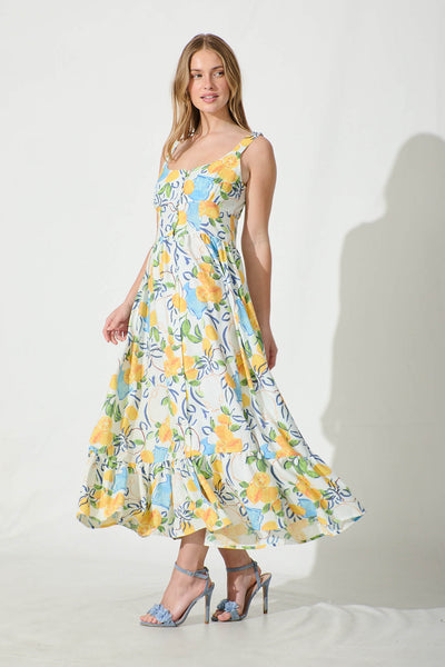California Love Maxi Sundress In White With Lemon Print