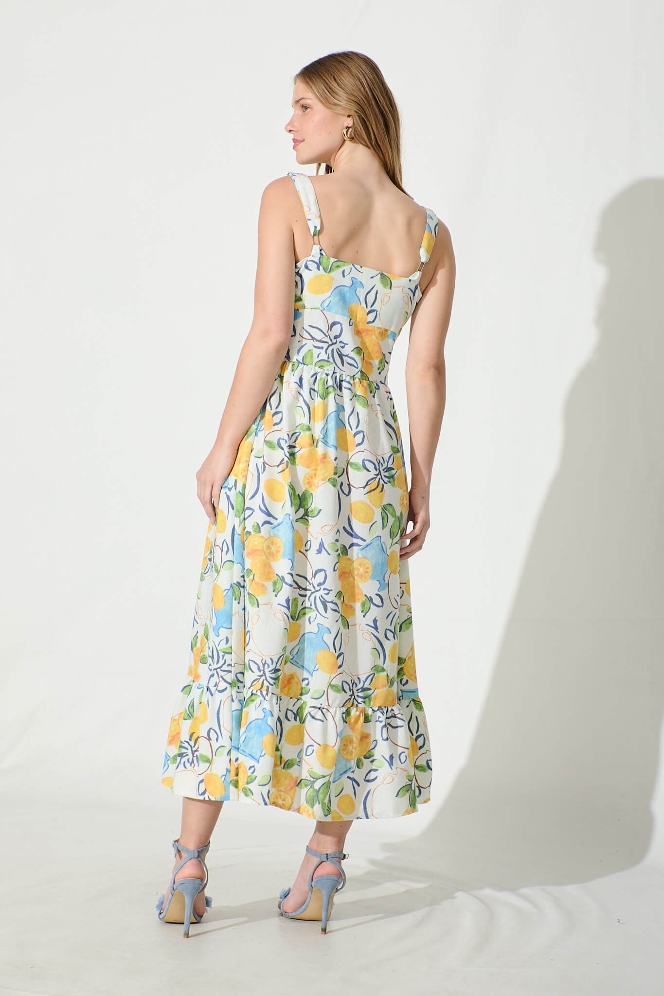 California Love Maxi Sundress In White With Lemon Print