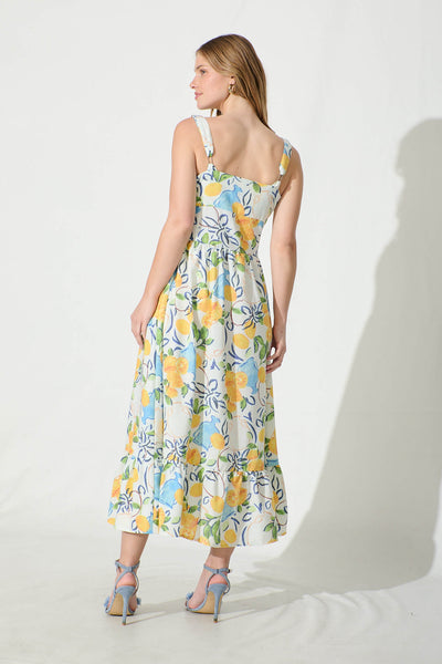 California Love Maxi Sundress In White With Lemon Print