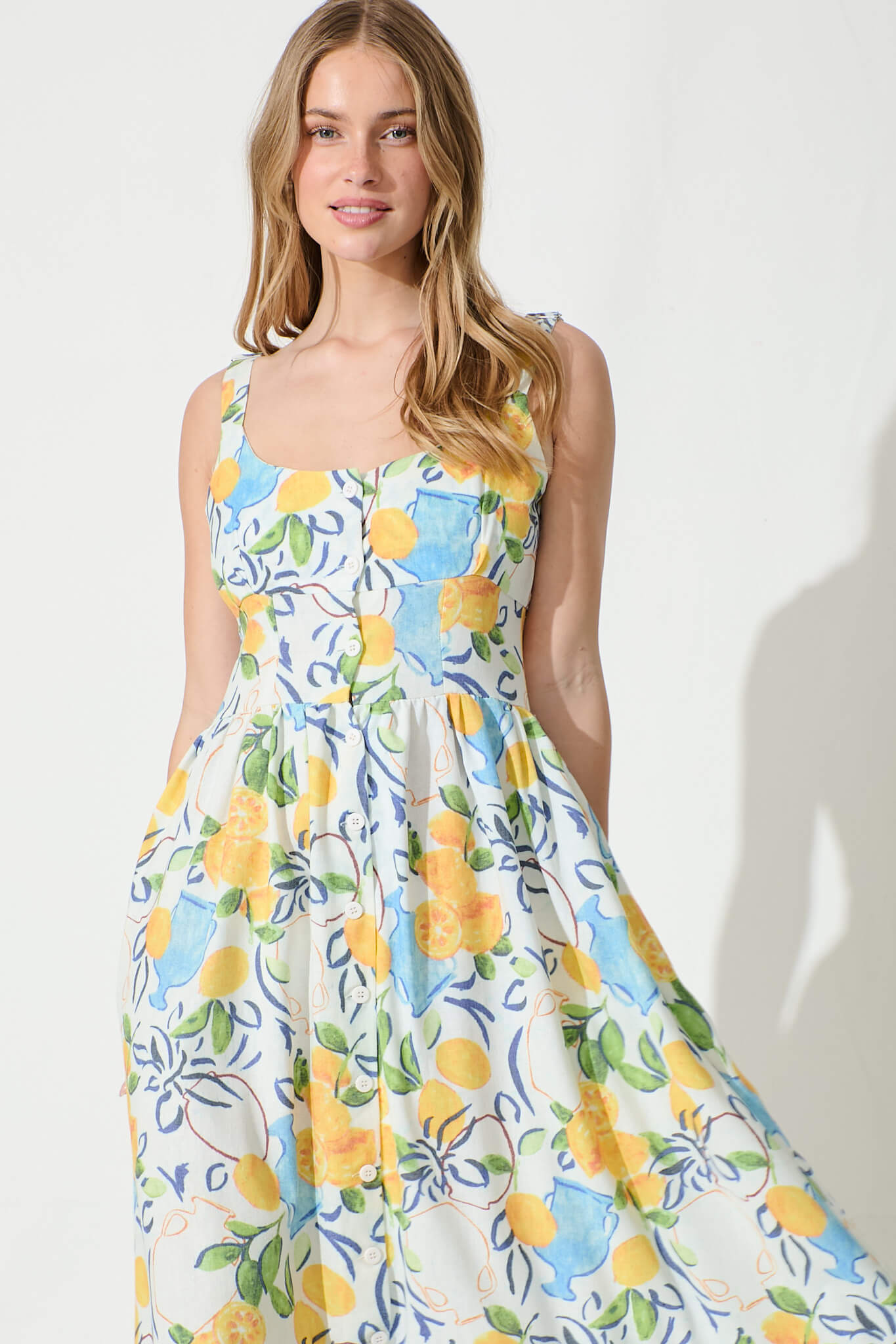 California Love Maxi Sundress In White With Lemon Print