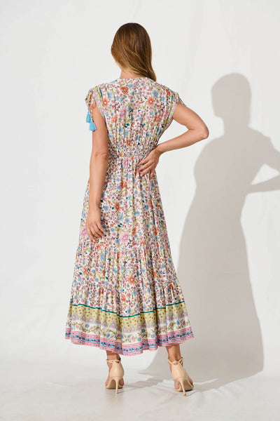 Olina Maxi Dress in White with Multi Floral Border Print