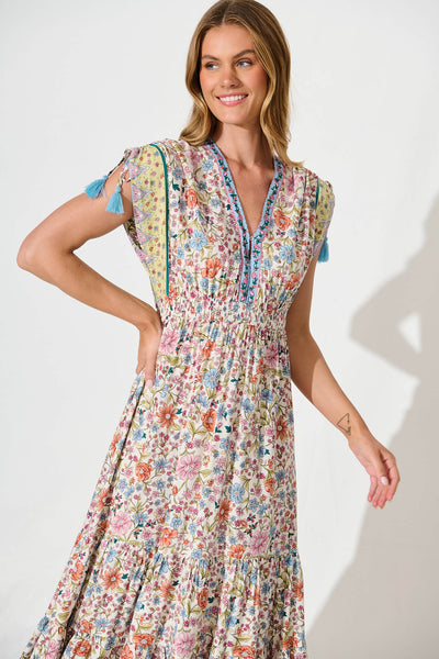 Olina Maxi Dress in White with Multi Floral Border Print