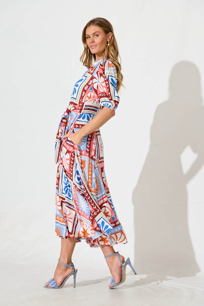 Bella Maxi Shirt Dress In White Multi Patchwork Print