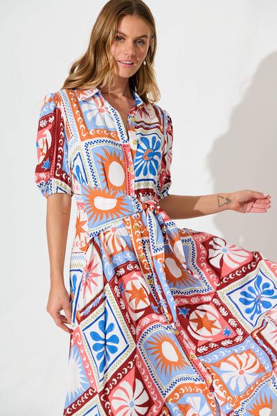 Bella Maxi Shirt Dress In White Multi Patchwork Print