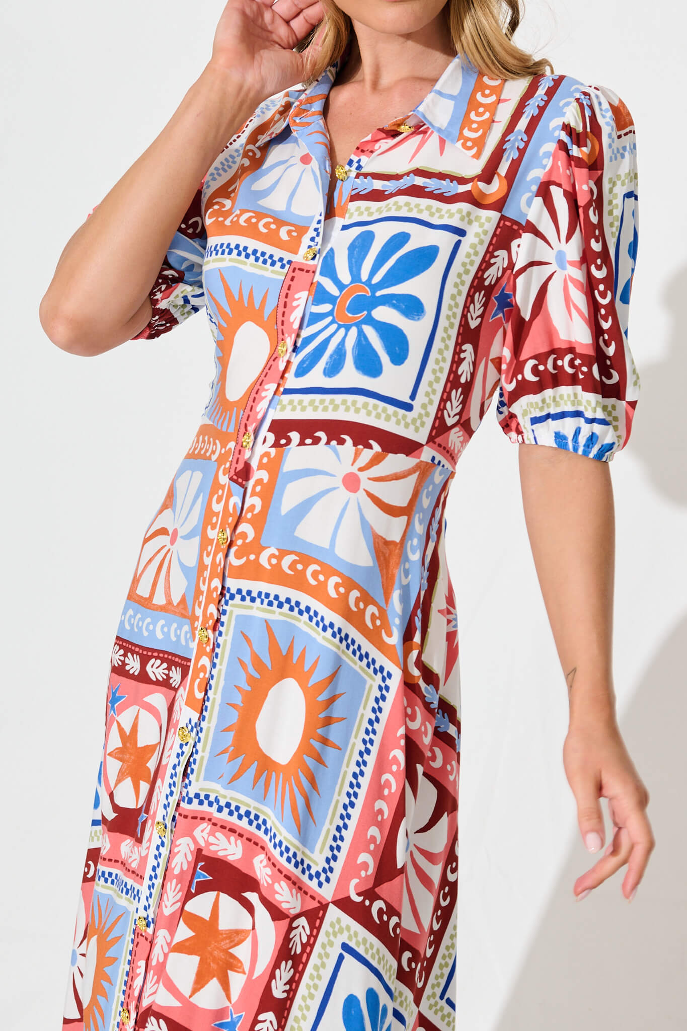 Bella Maxi Shirt Dress In White Multi Patchwork Print