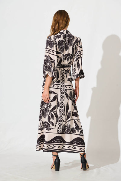 Eira Maxi Shirt Dress in Beige with Black Flower Linen Blend