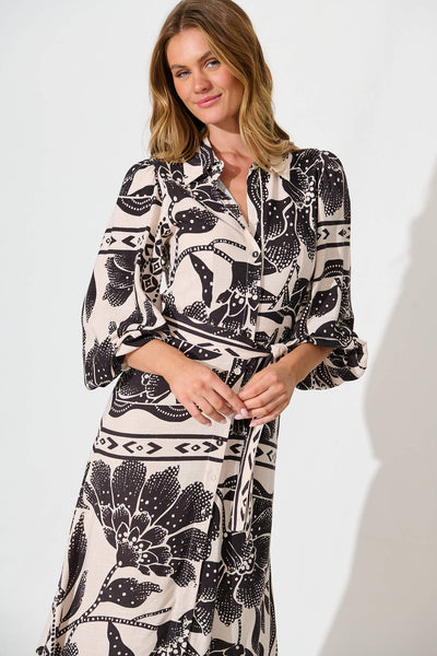 Eira Maxi Shirt Dress in Beige with Black Flower Linen Blend
