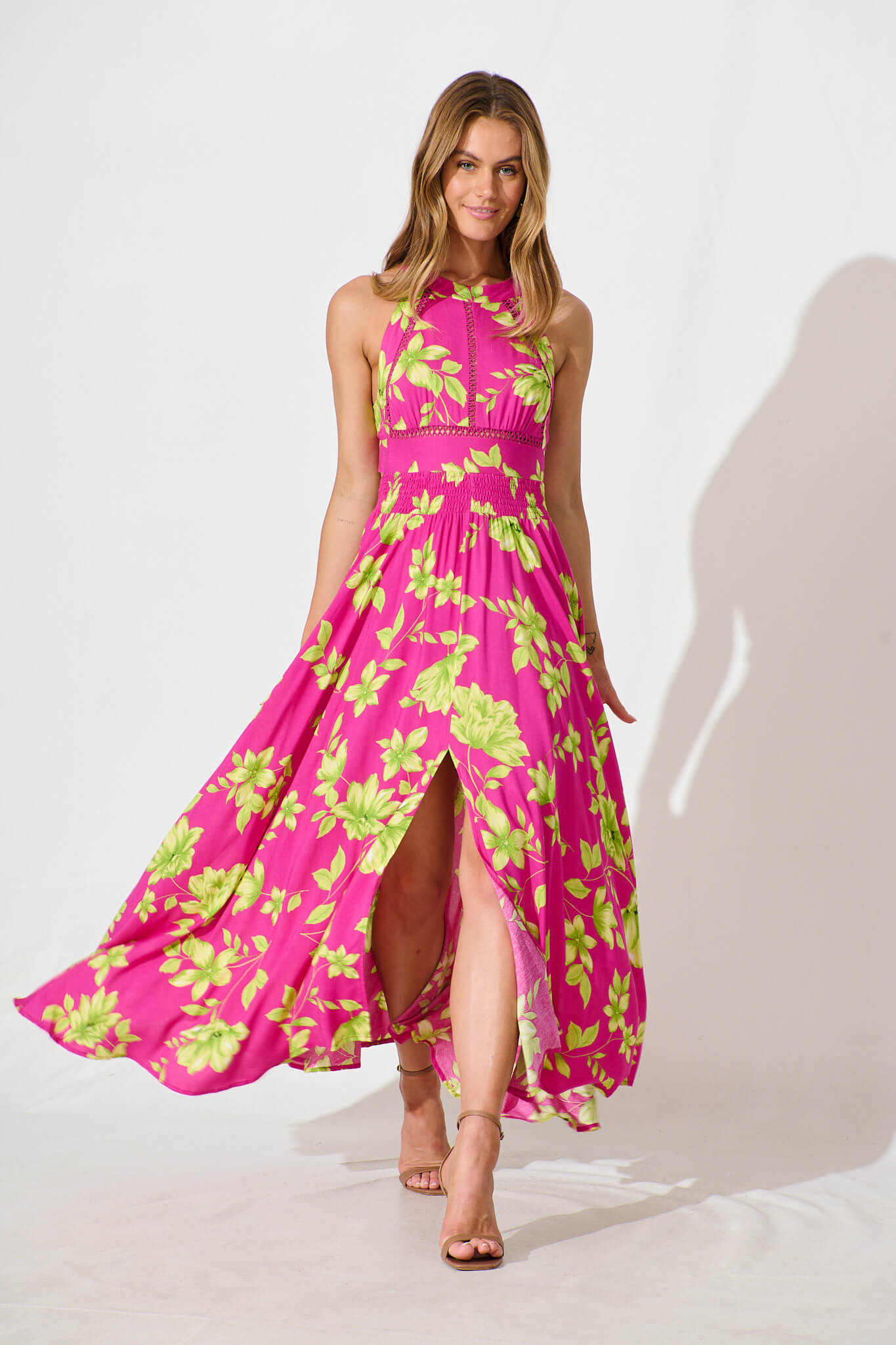 Arianne Maxi Dress in Pink with Green Floral
