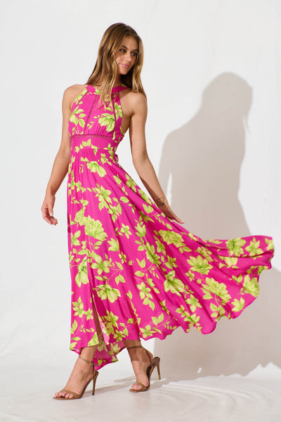 Arianne Maxi Dress in Pink with Green Floral