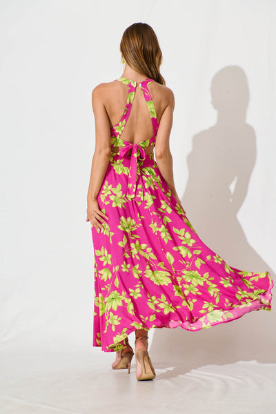 Arianne Maxi Dress in Pink with Green Floral