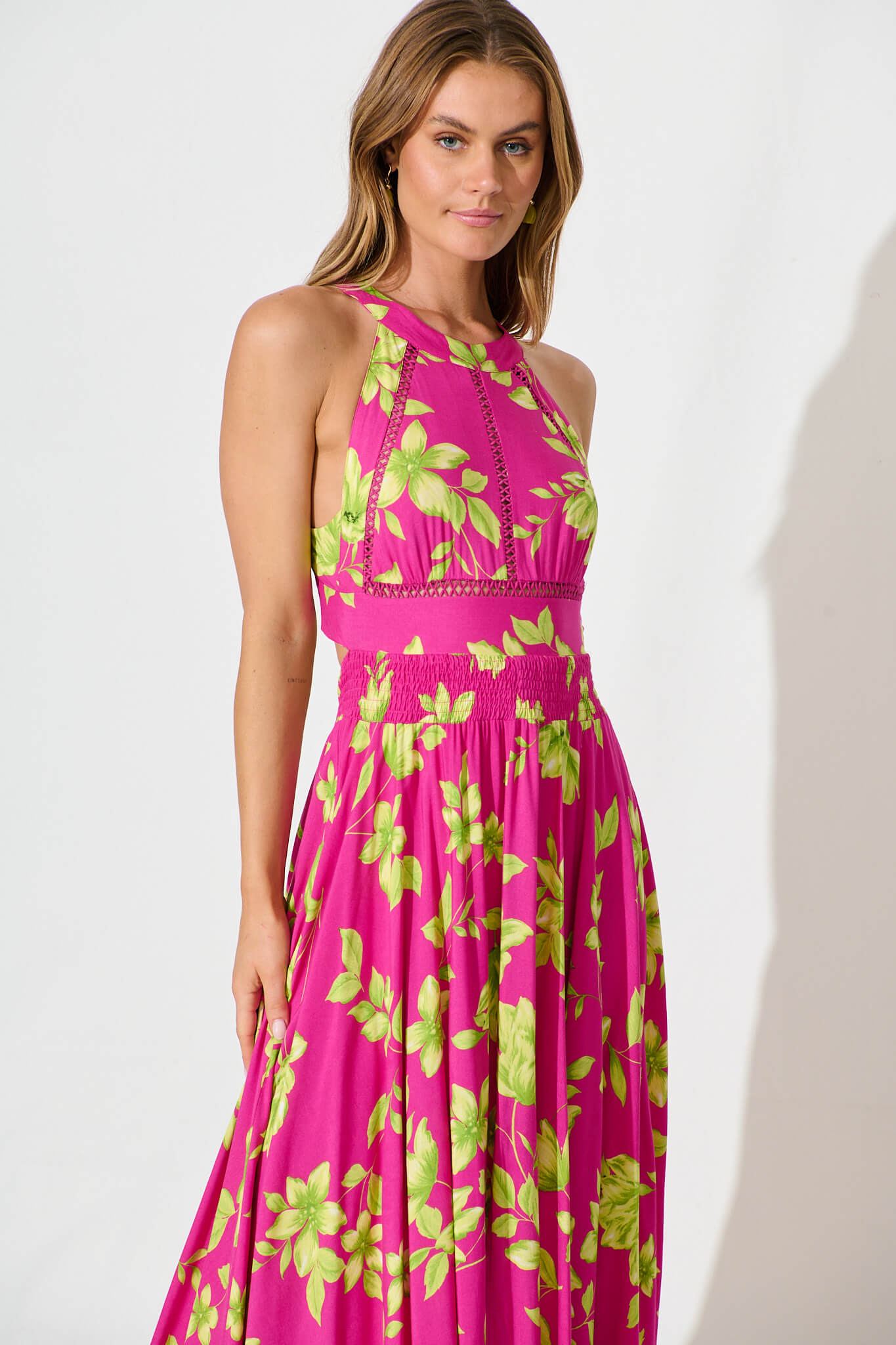 Arianne Maxi Dress in Pink with Green Floral