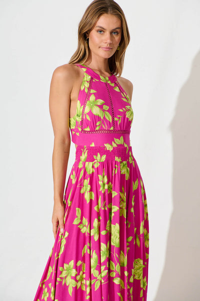 Arianne Maxi Dress in Pink with Green Floral