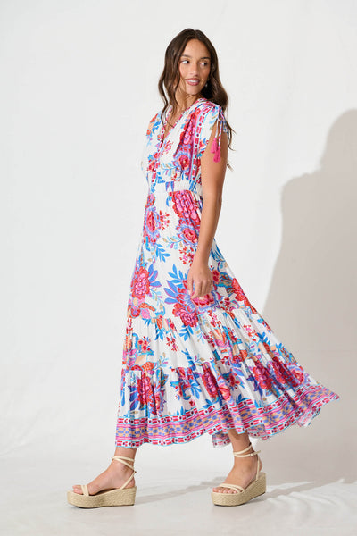Olina Maxi Dress In Pink Floral Border Print