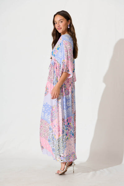 Janeve Maxi Dress in Pink with Blue Patchwork Print