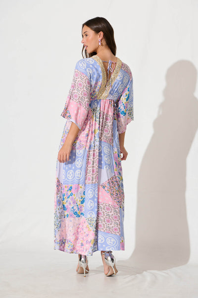 Janeve Maxi Dress in Pink with Blue Patchwork Print