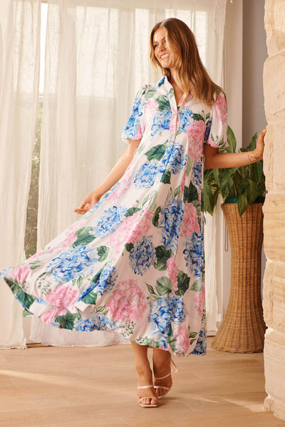 Marella Maxi Shirt Dress In Blue and Pink Floral Linen Blend