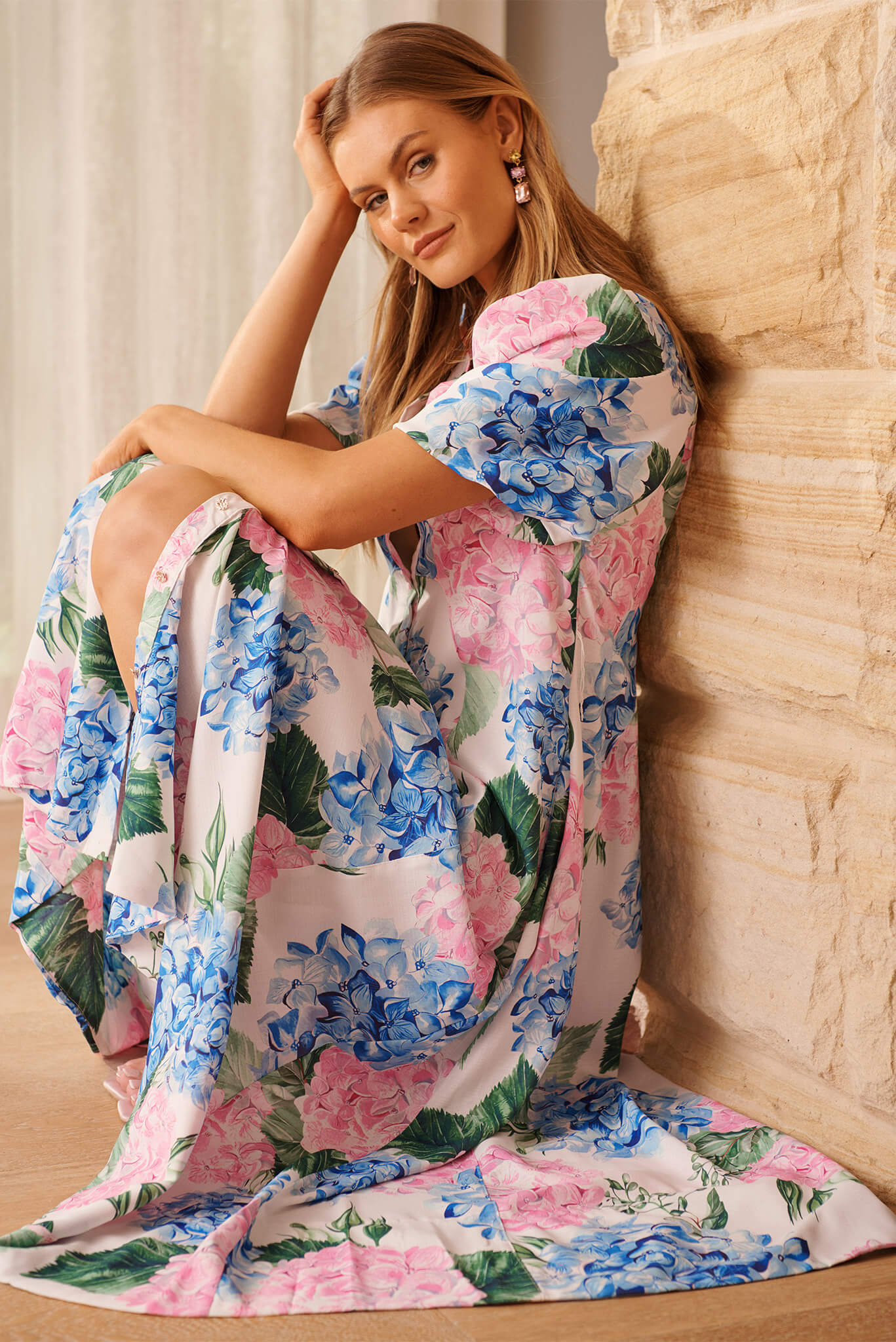 Marella Maxi Shirt Dress In Blue and Pink Floral Linen Blend