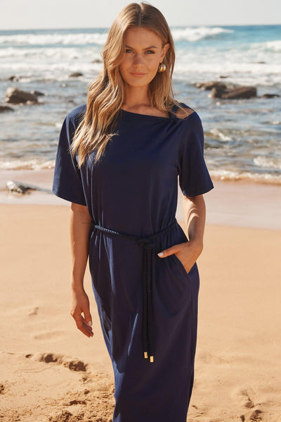 Ahreana Midi Dress in Navy Cotton