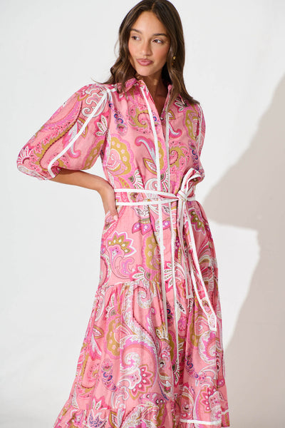 Dion Maxi Shirt Dress In Multi Pink Print