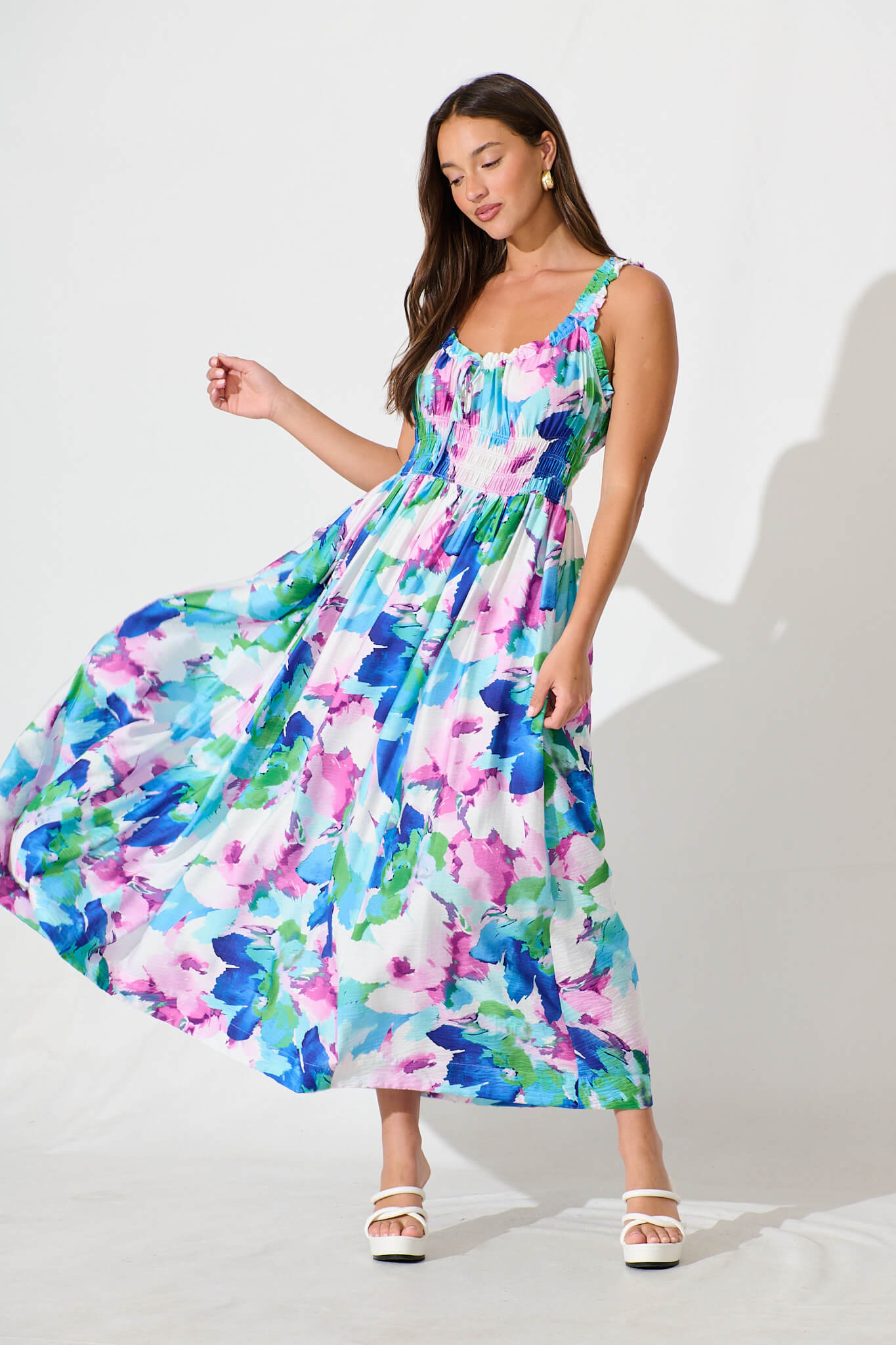 Valentina Maxi Sundress In White With Blue Multi Floral