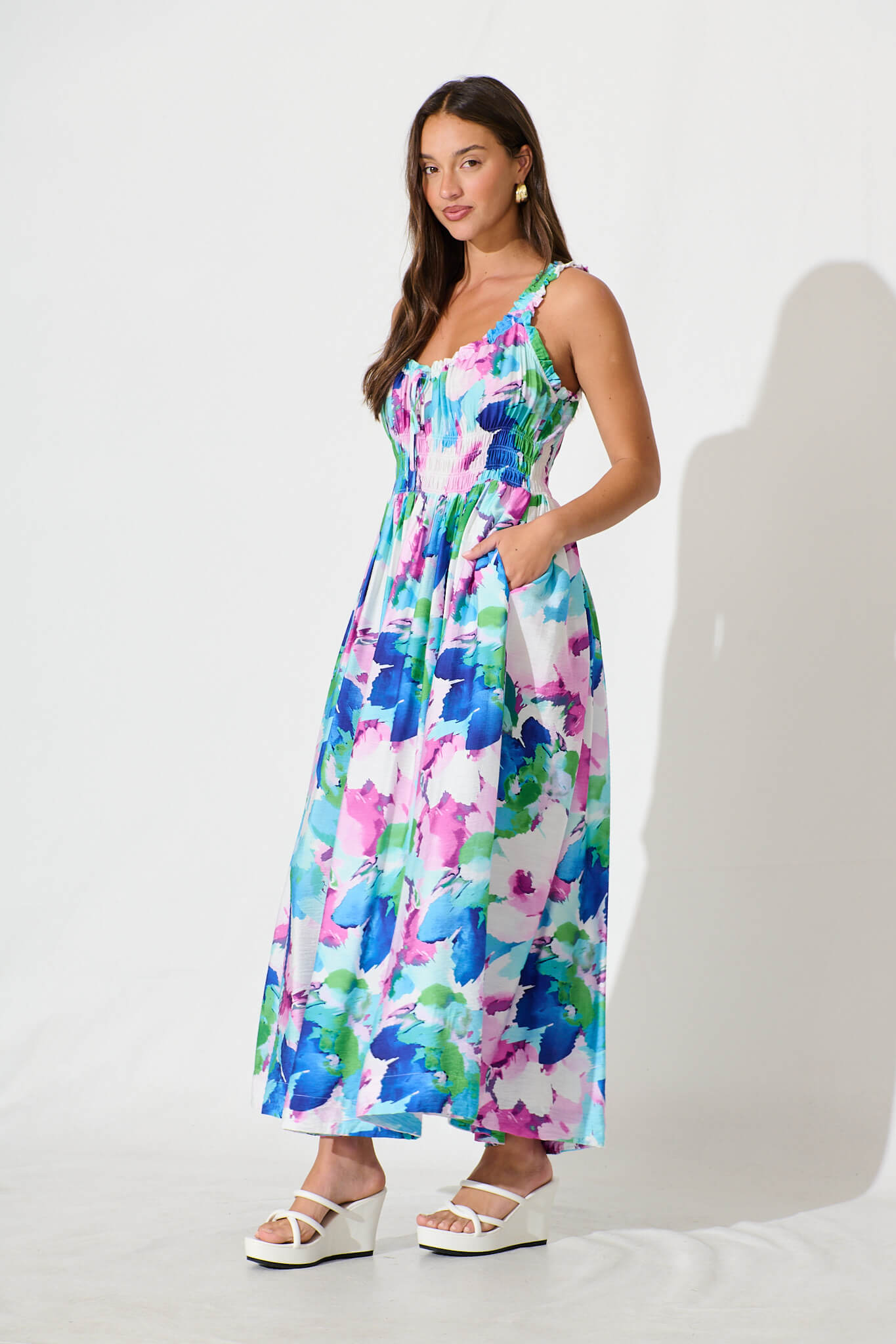 Valentina Maxi Sundress In White With Blue Multi Floral
